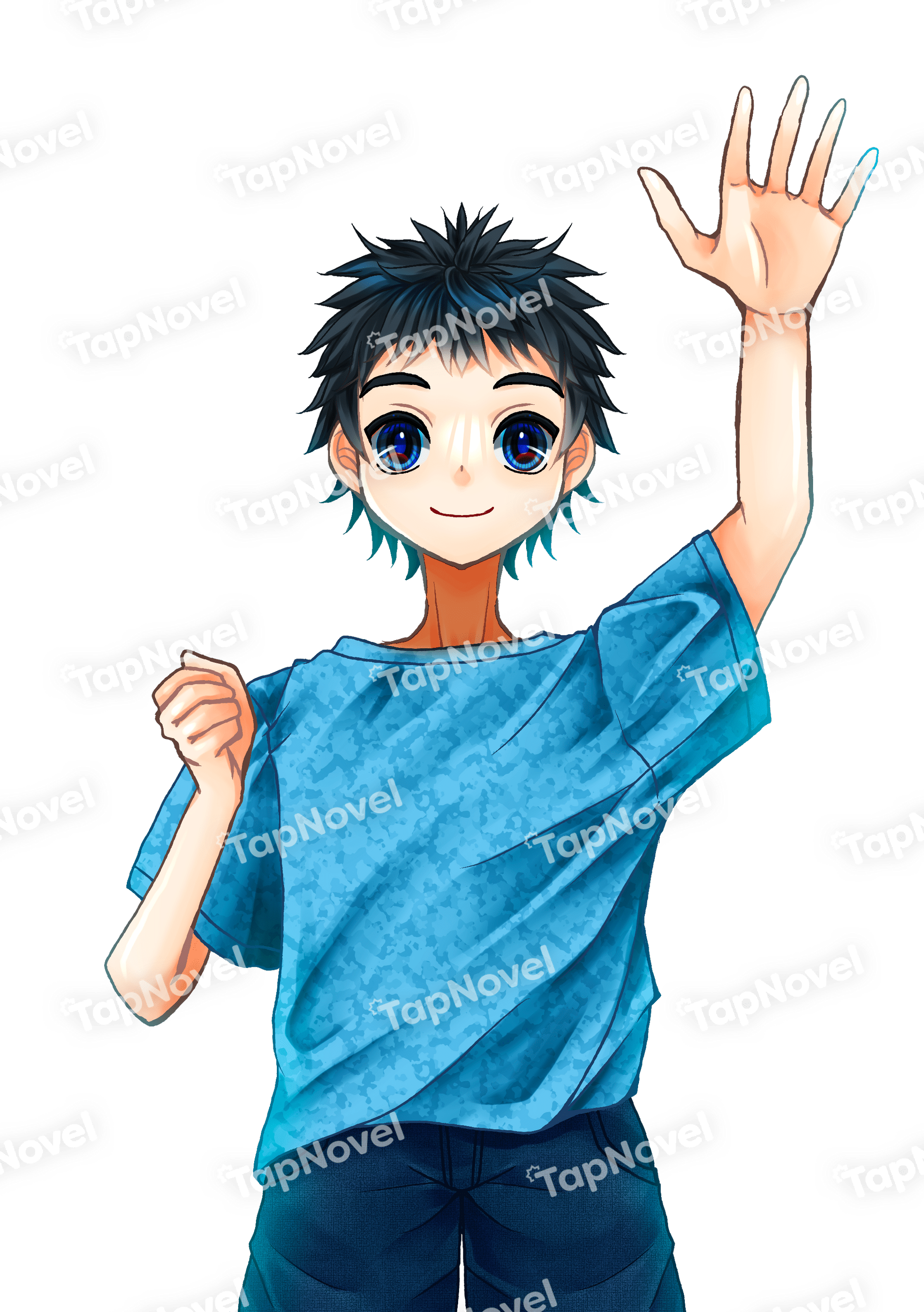 片手を上げる少年