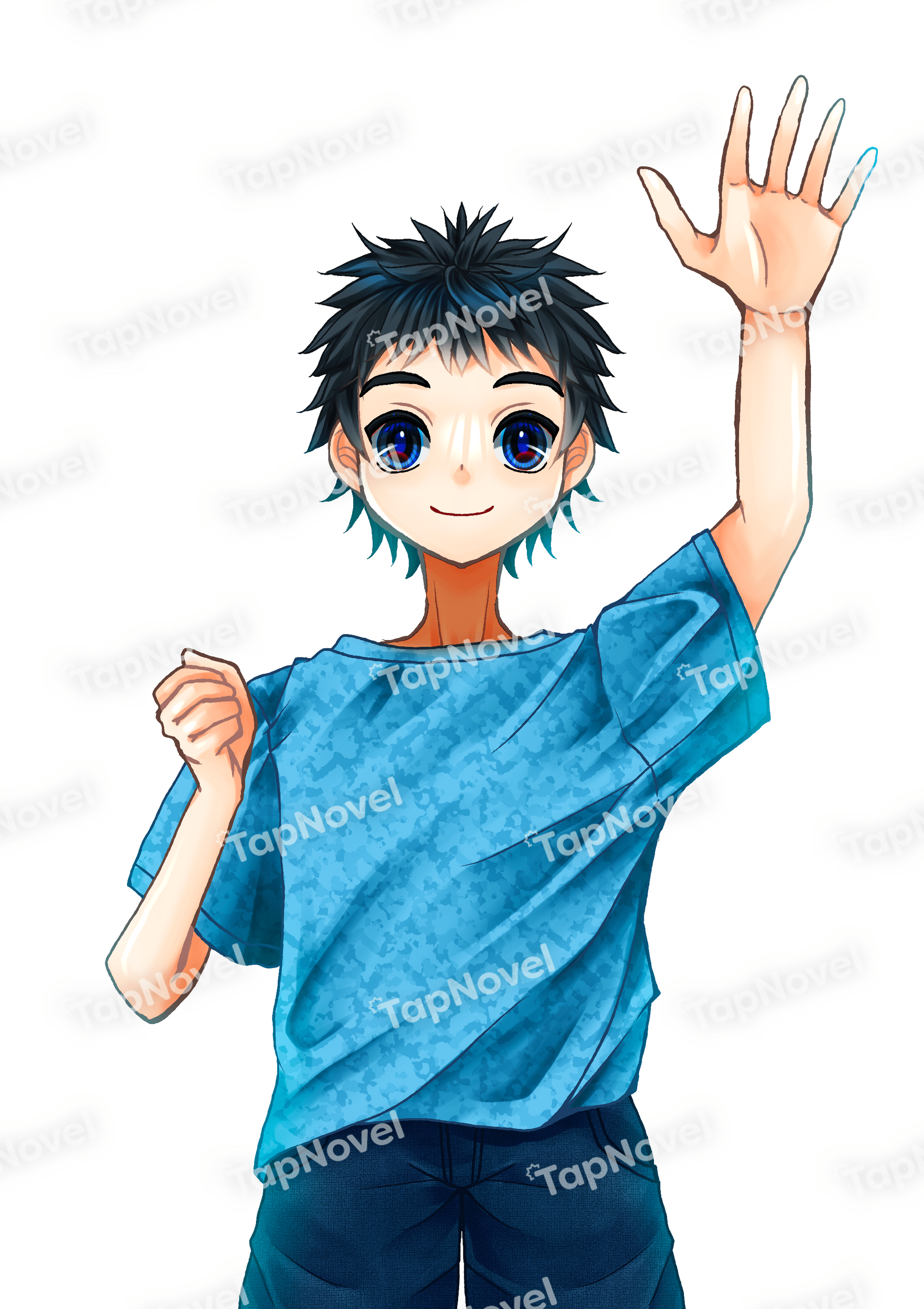 片手を上げる少年